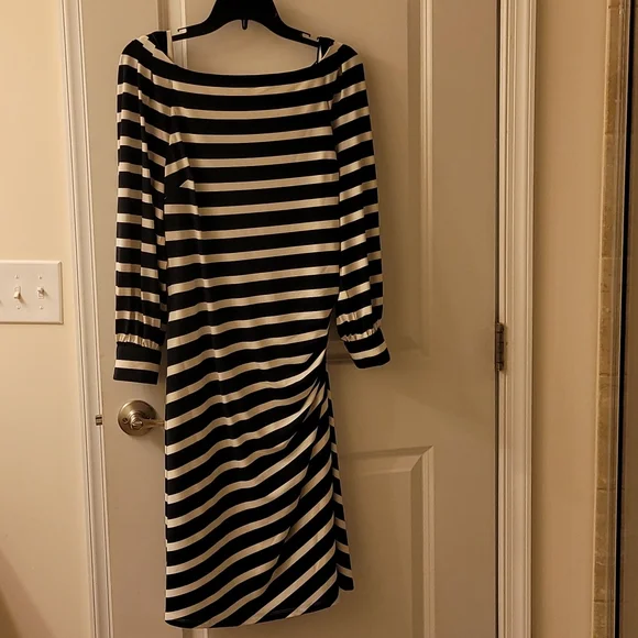 ralph lauren black and white striped dress LAUREN RALPH LAUREN Womens Black & White Striped Day Polyester Dress L –  Loopi main image 0